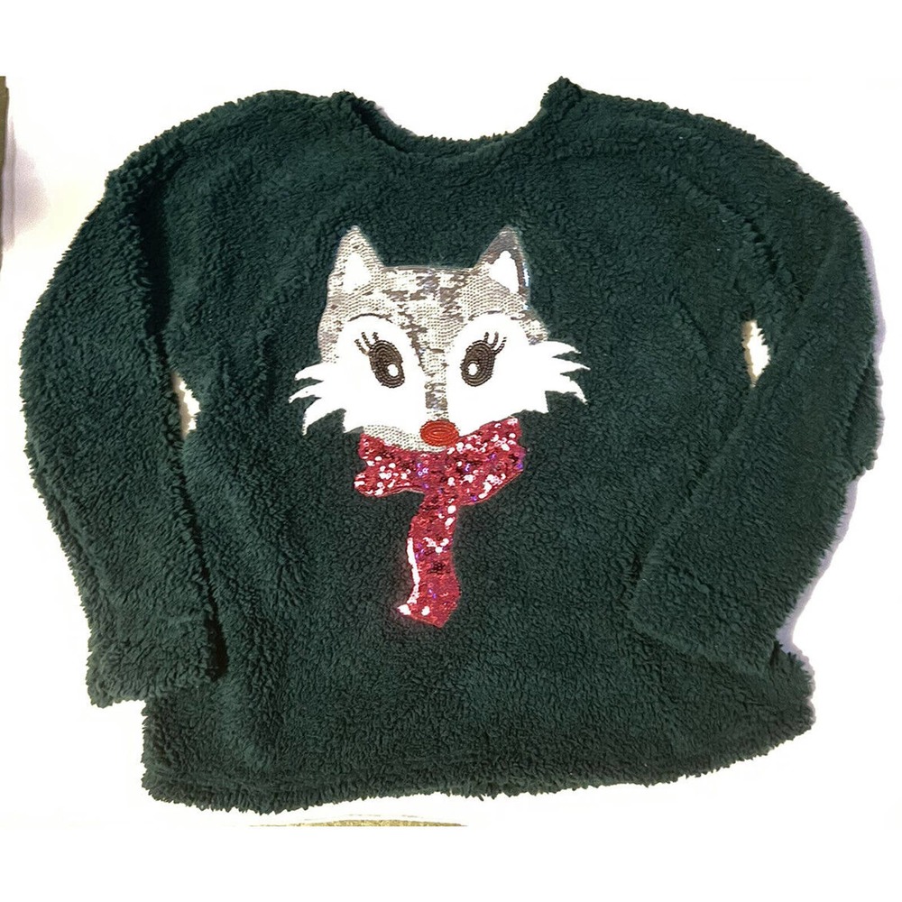 Green Sherpa Sequin Fox Long Sleeve Pullover Ugly Christmas Sweater L